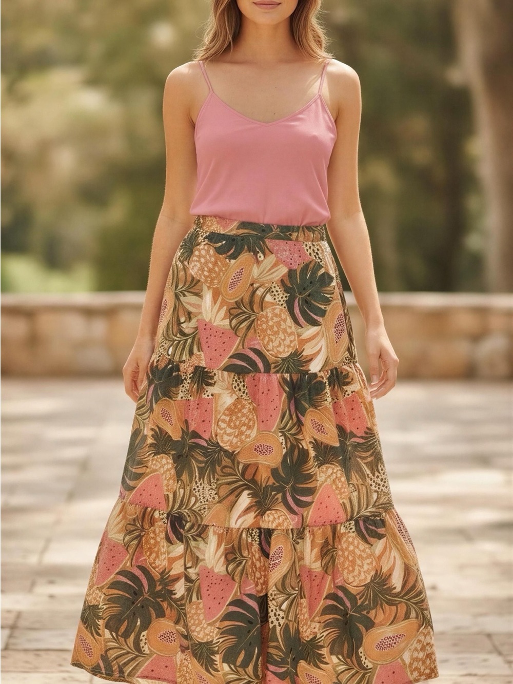 Tiered Maxi Skirt in Pink Tropical Fruit Print
